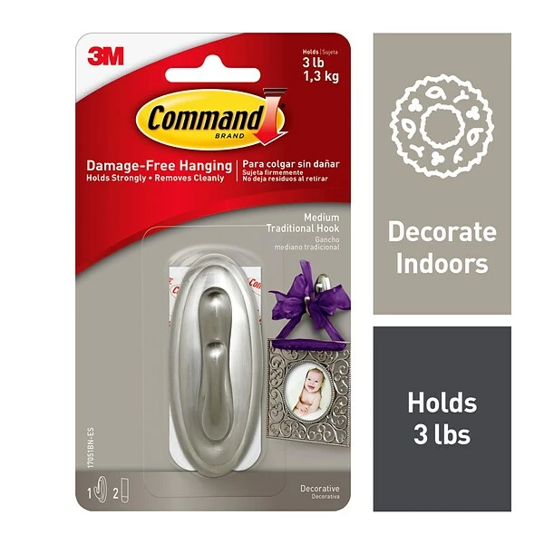 Command™ Adhesive Hooks Command™ Medium Metallic Coated Hook, Brushed Nickel, 1 Hook, 2 Strips/Pack (17051BN-ES) 3 Command™ Adhesive Hooks Command™ Medium Metallic Coated Hook, Brushed Nickel, 1 Hook, 2 Strips/Pack (17051BN-ES)
