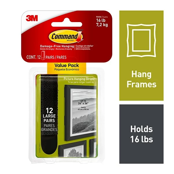 Command™ Picture Hanging And Poster Strips Command™ Large Picture Hanging Strips Value Pack, Black, 12 Strips/Pack (17206BLK-12ES) 3 Command™ Picture Hanging And Poster Strips Command™ Large Picture Hanging Strips Value Pack, Black, 12 Strips/Pack (17206BLK-12ES)