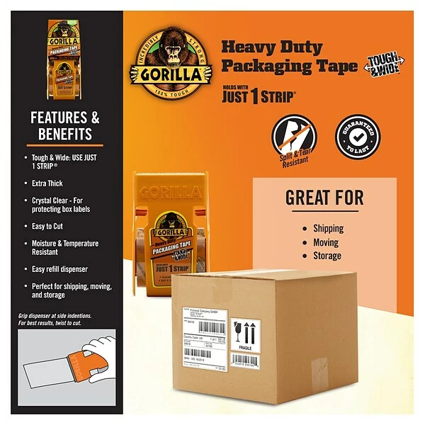 Packing Tape Dispensers Gorilla Heavy Duty Tough & Wide Packaging Tape With Dispenser, 2.88" X 20 Yds., Clear (6020001) 7 Packing Tape Dispensers Gorilla Heavy Duty Tough & Wide Packaging Tape With Dispenser, 2.88" X 20 Yds., Clear (6020001) - Image 5