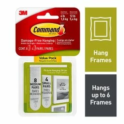 Command™ Picture Hanging And Poster Strips Command™ Small And Medium Picture Hanging Strips, White, 8 Medium And 4 Small Sets/Pack (17203-ES)