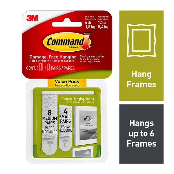 Command™ Picture Hanging And Poster Strips Command™ Small And Medium Picture Hanging Strips, White, 8 Medium And 4 Small Sets/Pack (17203-ES) 3 Command™ Picture Hanging And Poster Strips Command™ Small And Medium Picture Hanging Strips, White, 8 Medium And 4 Small Sets/Pack (17203-ES)