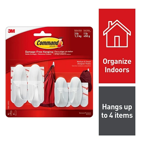 Command™ Wire Hooks With Clear Adhesive Command™ Small And Medium Designer Hooks Value Pack, White, 2 Small And 2 Medium/Pack (17081-2VPES) 3 Command™ Wire Hooks With Clear Adhesive Command™ Small And Medium Designer Hooks Value Pack, White, 2 Small And 2 Medium/Pack (17081-2VPES)
