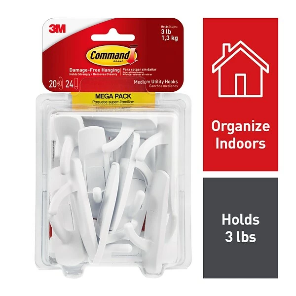 Command™ Adhesive Hooks Command™ Medium Utility Hooks Mega Pack, White, 20 Hooks (17001-MPES) 3 Command™ Adhesive Hooks Command™ Medium Utility Hooks Mega Pack, White, 20 Hooks (17001-MPES)