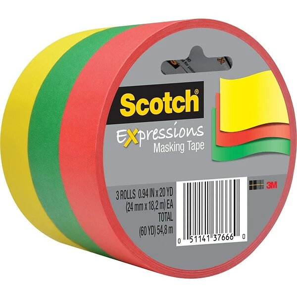 Scotch® Expressions Decorative Masking Tape Scotch® Expressions 0.94 X 20 Yds. Light Masking Tape, Yellow/Green/Red, 3/Pack (3437-3PRM) 3 Scotch® Expressions Decorative Masking Tape Scotch® Expressions 0.94 X 20 Yds. Light Masking Tape, Yellow/Green/Red, 3/Pack (3437-3PRM)