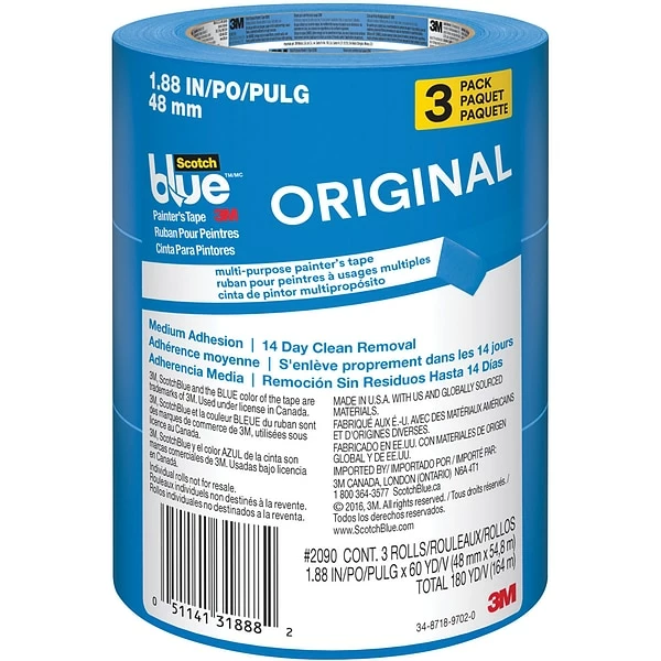 Scotch® Painters/Masking Tape ScotchBlue Original Painter's Tape Value Pack, 1.88" X 60 Yds., Blue, 3 Rolls/Pack (2090-48EVP) 2 Scotch® Painters/Masking Tape ScotchBlue Original Painter's Tape Value Pack, 1.88" X 60 Yds., Blue, 3 Rolls/Pack (2090-48EVP)