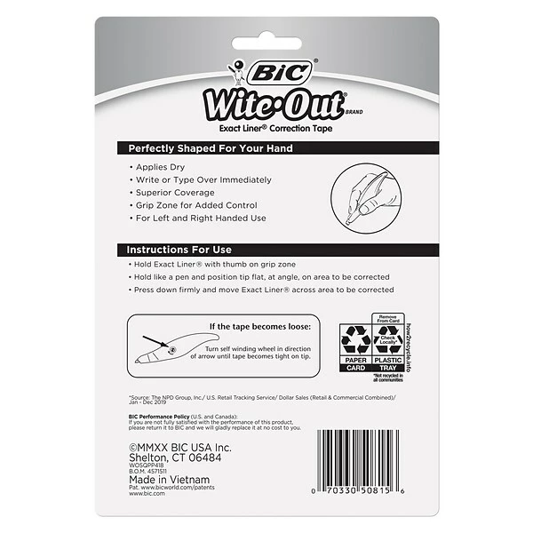 BIC Wite-Out Exact Liner Correction Tape, White, 4/Pack (WOELP418) 5 BIC Wite-Out Exact Liner Correction Tape, White, 4/Pack (WOELP418) - Image 3