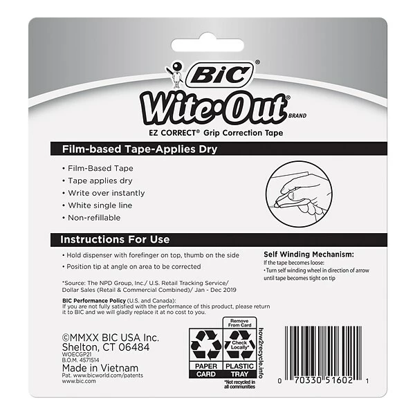 BIC Wite-Out EZ Grip Correction Tape, White, 2/Pack (WOECGP21) 5 BIC Wite-Out EZ Grip Correction Tape, White, 2/Pack (WOECGP21) - Image 3