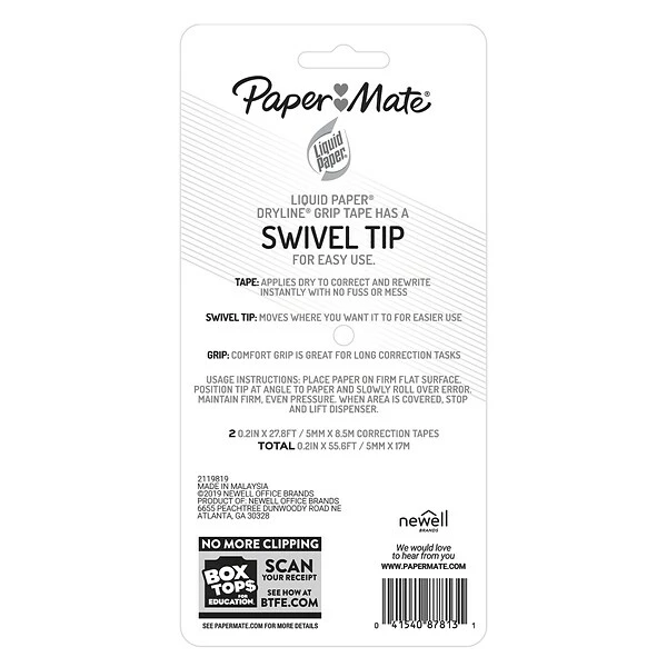 Paper Mate Liquid Paper DryLine Grip Correction Tape, White, 2/Pack (87813) 8 Paper Mate Liquid Paper DryLine Grip Correction Tape, White, 2/Pack (87813) - Image 6