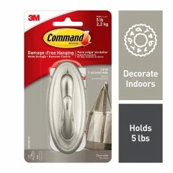 Command™ Decorative Hooks Command™ Large Traditional Hook, Brushed Nickel, 1 Hook, 2 Strips/Pack (17053BN-EF)