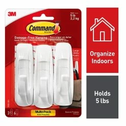 Command™ Adhesive Hooks Command™ Large Utility Hook, White, 3 Hooks, 6 Strips/Pack (17003-3ES)