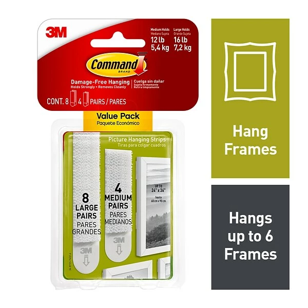 Command™ Picture Hanging And Poster Strips Command™ Medium And Large Picture Hanging Strips, White, 4 Medium And 8 Large Sets/Pack (17209-ES) 3 Command™ Picture Hanging And Poster Strips Command™ Medium And Large Picture Hanging Strips, White, 4 Medium And 8 Large Sets/Pack (17209-ES)