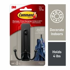 Hooks & Hanging Strips Command™ Large Double Hook, Matte Black, 1 Hook, 1 Strip/Pack (17036MB-ES)