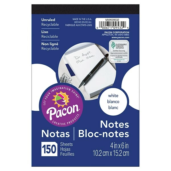 Paper Pads & Packs Pacon 4" X 6", Unruled Note Pad, White, 150 Sheets Per Pad, 12 Pads (PACMMK09532-12) 1 Paper Pads & Packs Pacon 4" X 6", Unruled Note Pad, White, 150 Sheets Per Pad, 12 Pads (PACMMK09532-12)