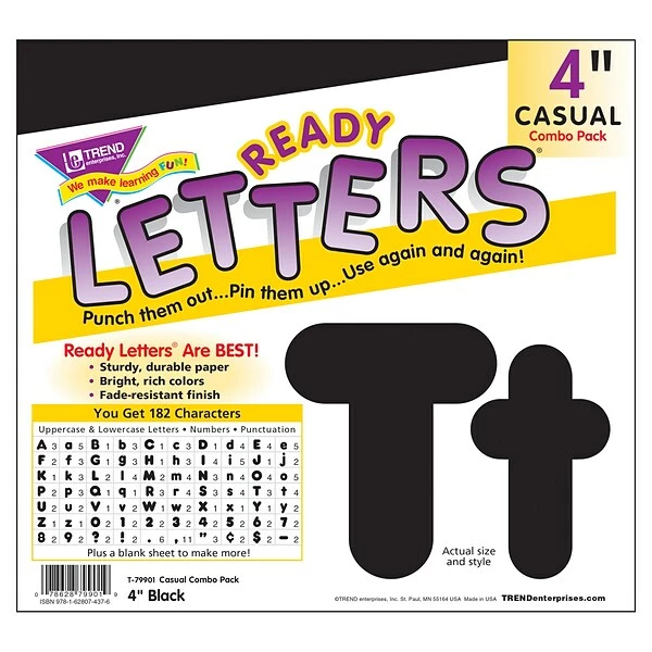 Trend Enterprises Letters & Numbers TREND 4" Uppercase/Lowercase Combo Pack Ready Letters®, Black, 182 Per Pack, 3 Packs (T-79901-3) 3 Trend Enterprises Letters & Numbers TREND 4" Uppercase/Lowercase Combo Pack Ready Letters®, Black, 182 Per Pack, 3 Packs (T-79901-3) - Image 2