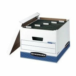 Bankers Box® File Storage Bankers Box Medium-Duty FastFold Corrugated File Boxes, Lift-off Lid, Letter/Legal Size, White/Blue, 4/Carton (00785)