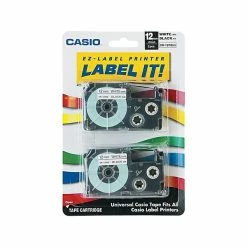 Casio® Tape Cassette For Label Printers Casio XR-12WE2S Label Maker Tapes, 0.47"W, Black On White, 2/Pack