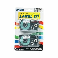 Casio® Tape Cassette For Label Printers Casio XR-18X2S Label Maker Tapes, 0.71"W, Black On Clear, 2/Pack