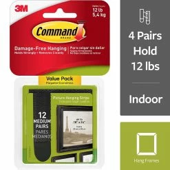 Command™ Picture Hanging And Poster Strips Command™ Medium Picture Hanging Strips, Black, 12/Pack (17204BLK-12ES)